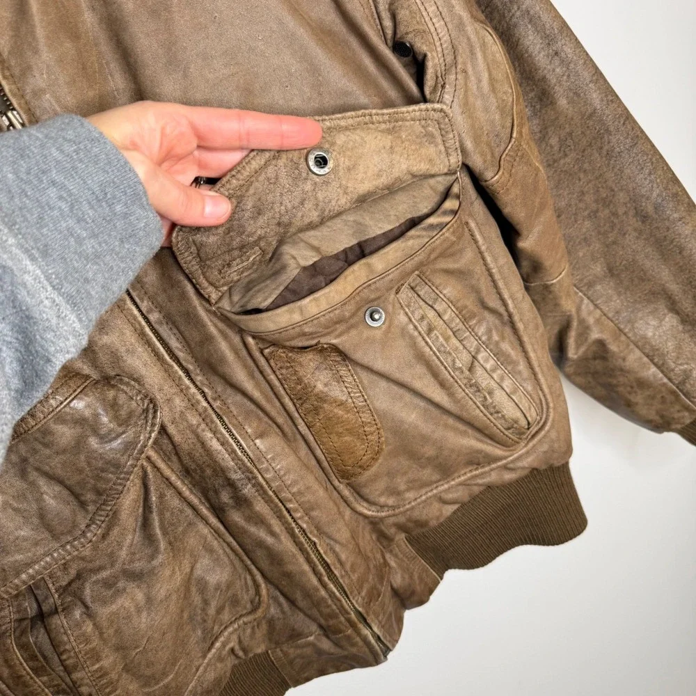 AA Vintage Saddlebred Leather Bike Brown Bomber Knife Pockets‎ Jacket